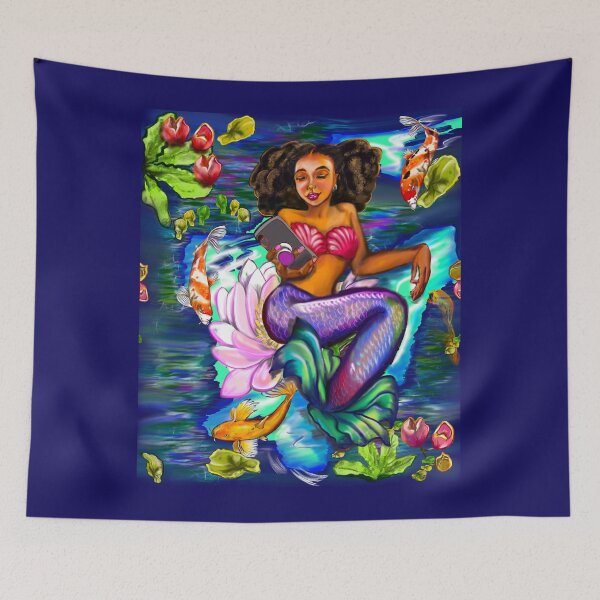Item preview, Mermaid checking her phone ii with Koi fish in koi pond with plants and flowers designed and sold by Artonmytee.