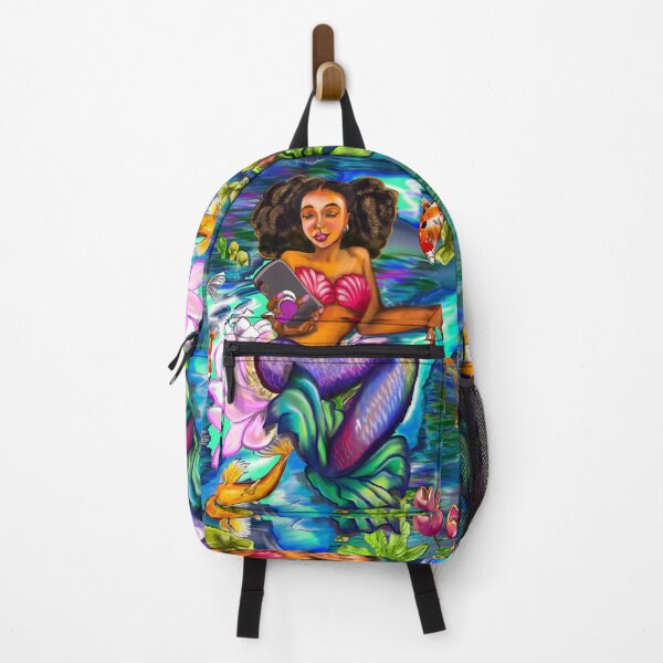 Item preview, Mermaid checking her phone ii with Koi fish in koi pond with plants and flowers designed and sold by Artonmytee.