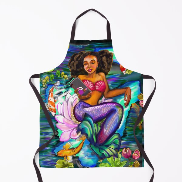 Item preview, Mermaid checking her phone ii with Koi fish in koi pond with plants and flowers designed and sold by Artonmytee.