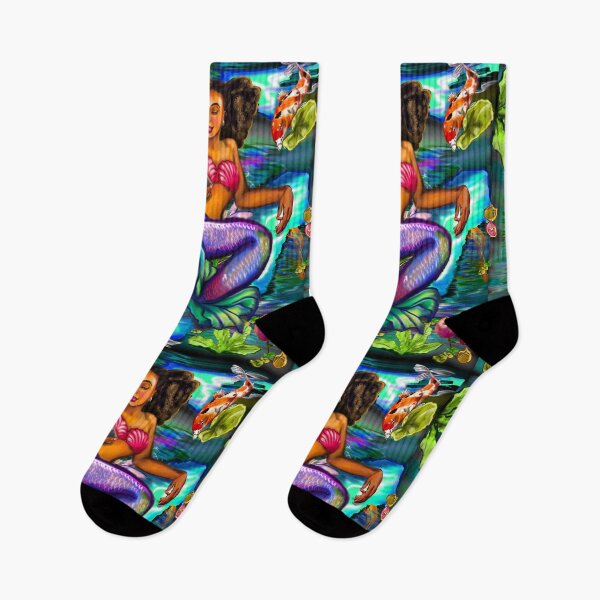Item preview, Mermaid checking her phone ii with Koi fish in koi pond with plants and flowers designed and sold by Artonmytee.
