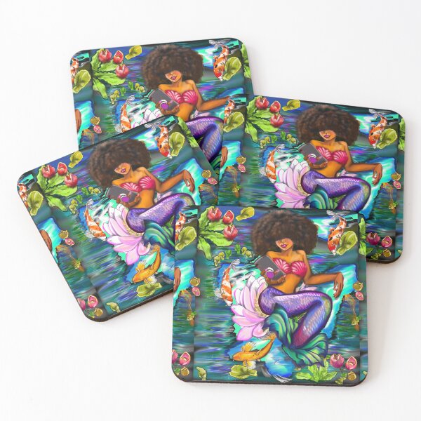 Item preview, Mermaid with full afro checking her phone ii with Koi fish in koi pond with plants and flowers designed and sold by Artonmytee.