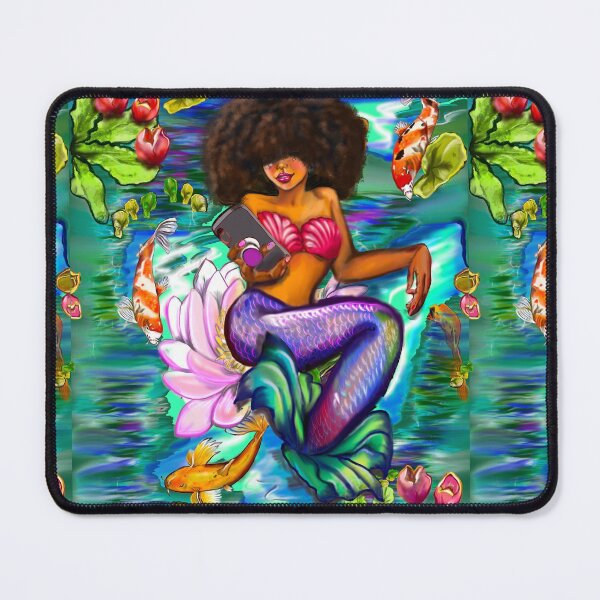 Item preview, Mermaid with full afro checking her phone ii with Koi fish in koi pond with plants and flowers designed and sold by Artonmytee.