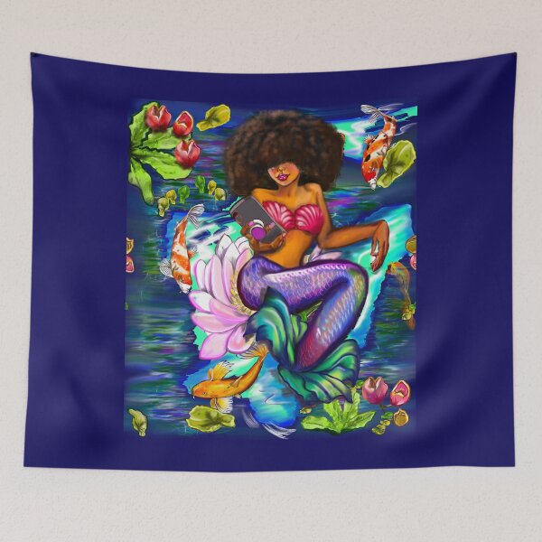 Item preview, Mermaid with full afro checking her phone ii with Koi fish in koi pond with plants and flowers designed and sold by Artonmytee.