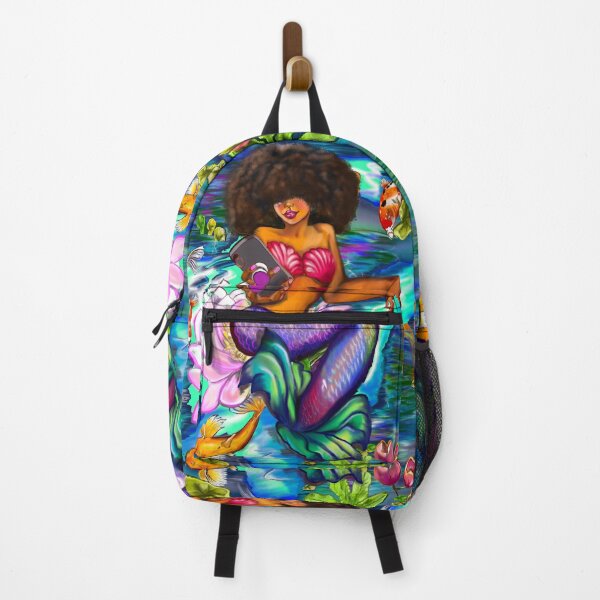 Item preview, Mermaid with full afro checking her phone ii with Koi fish in koi pond with plants and flowers designed and sold by Artonmytee.
