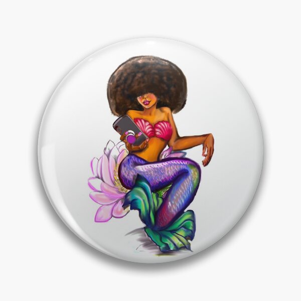 Item preview, Mermaid Afro Mermaid on phone sitting on Lilly flower - Coco the Magical rainbow mermaid and phone - brown eyes, Afro hair in two puffs and caramel brown skin - light background designed and sold by Artonmytee.