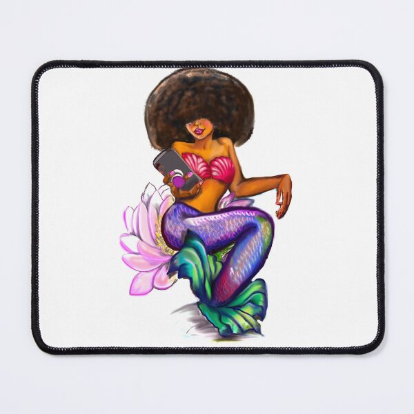 Item preview, Mermaid Afro Mermaid on phone sitting on Lilly flower - Coco the Magical rainbow mermaid and phone - brown eyes, Afro hair in two puffs and caramel brown skin - light background designed and sold by Artonmytee.