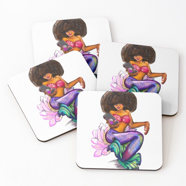 Item preview, Mermaid Afro Mermaid on phone sitting on Lilly flower - Coco the Magical rainbow mermaid and phone - brown eyes, Afro hair in two puffs and caramel brown skin - light background designed and sold by Artonmytee.