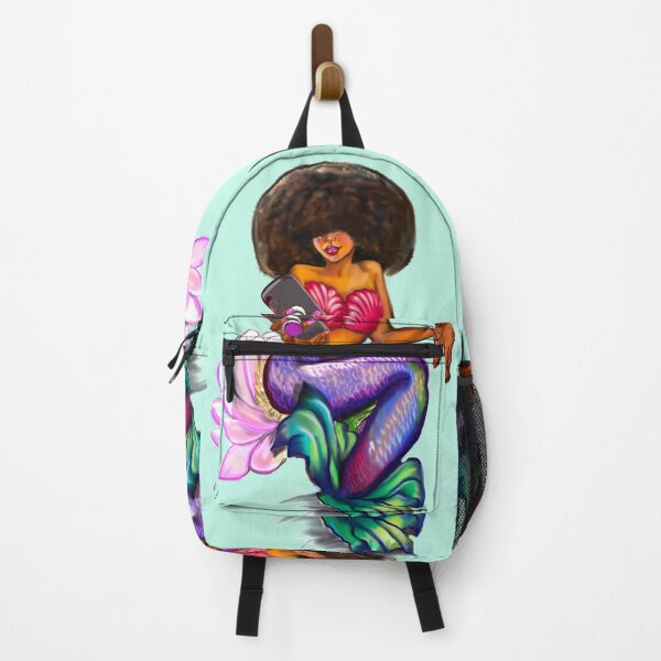 Item preview, Mermaid Afro Mermaid on phone sitting on Lilly flower - Coco the Magical rainbow mermaid and phone - brown eyes, Afro hair in two puffs and caramel brown skin - light background designed and sold by Artonmytee.
