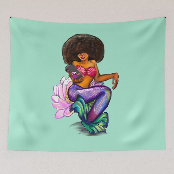 Item preview, Mermaid Afro Mermaid on phone sitting on Lilly flower - Coco the Magical rainbow mermaid and phone - brown eyes, Afro hair in two puffs and caramel brown skin - light background designed and sold by Artonmytee.