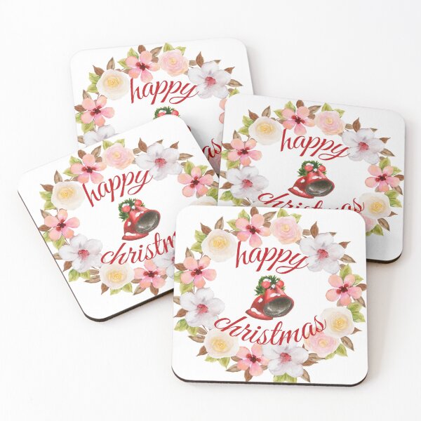 Item preview, Happy Christmas loose floral watercolor flower wreath & bells designed and sold by TheSeasonalYard.