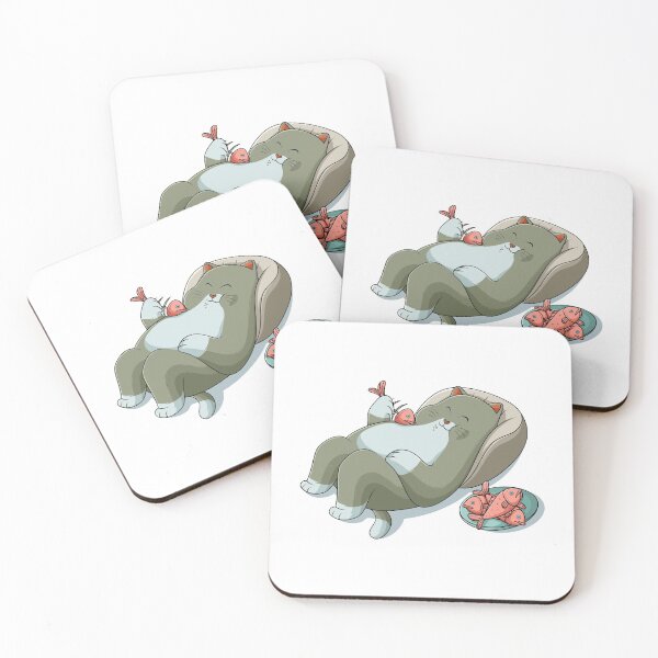 Item preview, Cat lying down and enjoying a plate of fish designed and sold by kanvasdesign.