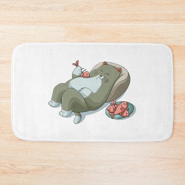 Item preview, Cat lying down and enjoying a plate of fish designed and sold by kanvasdesign.
