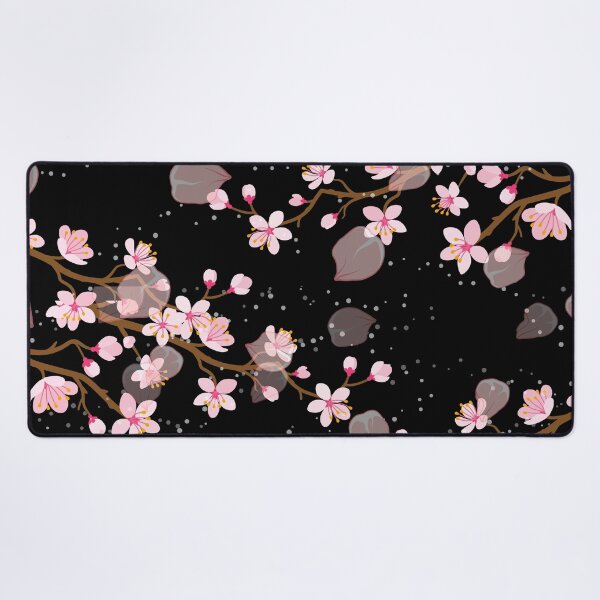 Vista previa del artículo con la obra «Patrón de repetición perfecta floral de flor de cerezo japonés blanco y rosa sobre negro», diseñado y vendido por Aishwarya  Singh.