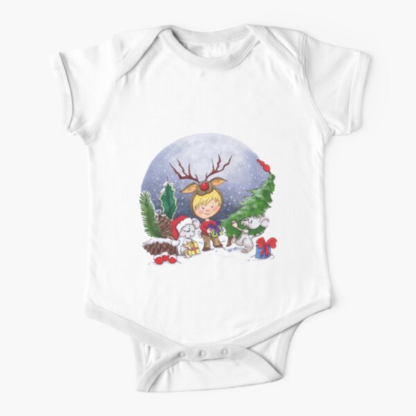 little xmas boy getting a christmas tree Short Sleeve Baby One-Piece