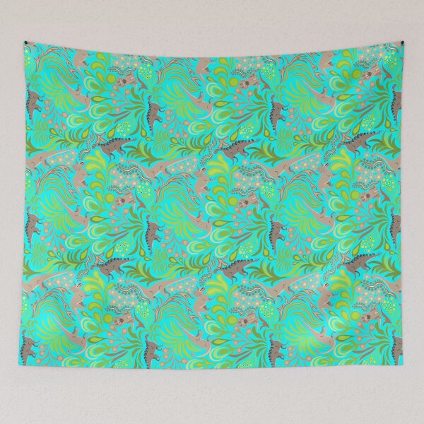 Item preview, Dinosaurs with green plants on blue background. designed and sold by Natalya Alexandrou.