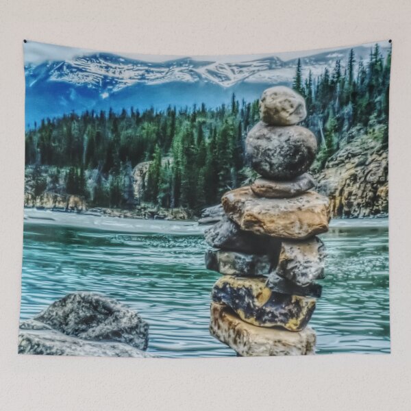 Item preview, Cairn Rock Stack by River and Mountains, Rustic Vintage Painting  designed and sold by ACC .