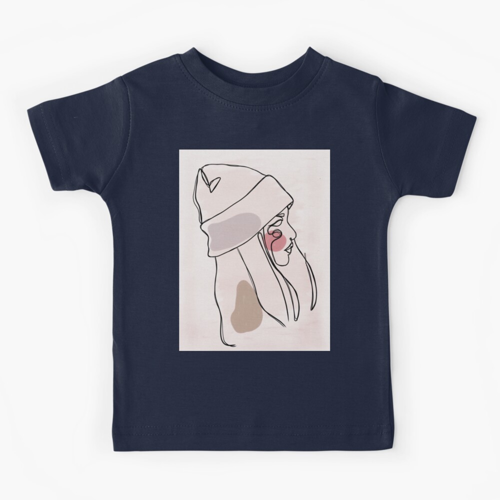 Female With Beanie Aesthetic One Line Art Simple Drawing | Kids T-Shirt