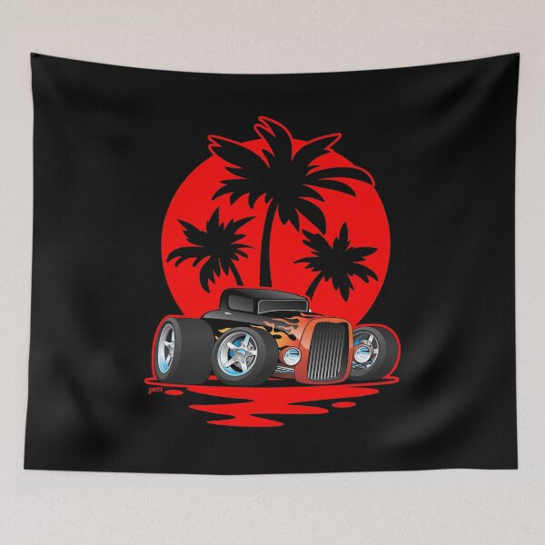 Item preview, Classic 30s Style Hot Rod Car at Sunset Palm Trees Cartoon designed and sold by hobrath.