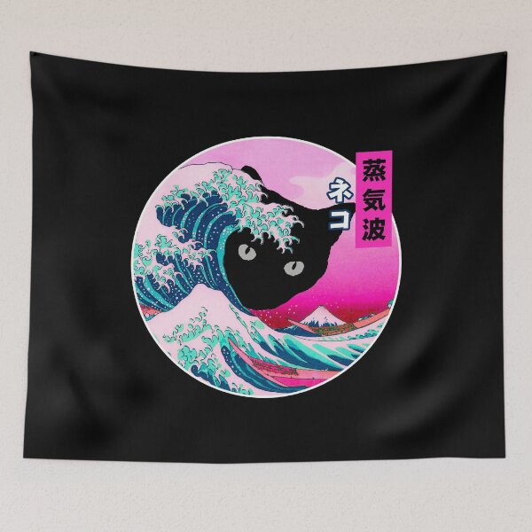 Item preview, Retro Vaporwave Japanese Anime Cat Behind a Big Wave graphic designed and sold by D-C-Designs.
