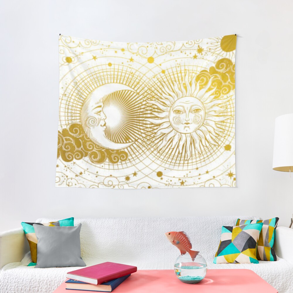 Discover Alchemical Marriage -  Vintage Celestial Tarot Golden Sun and Moon Tapestry