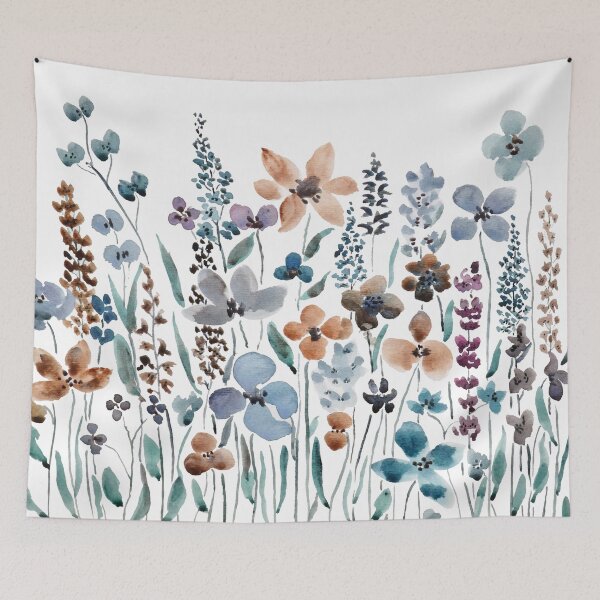 Item preview, hand painted watercolor blue brown wildflower field  designed and sold by ColorandColor.