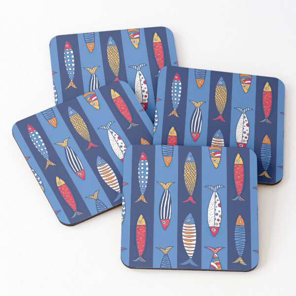 Item preview, Funny Colorful Fishes On Blue Stripes designed and sold by ConcorStore.