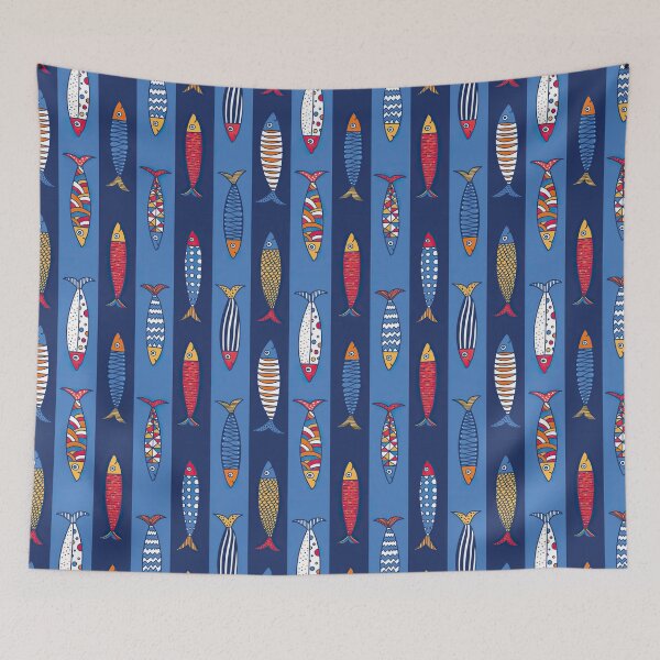 Item preview, Funny Colorful Fishes On Blue Stripes designed and sold by ConcorStore.
