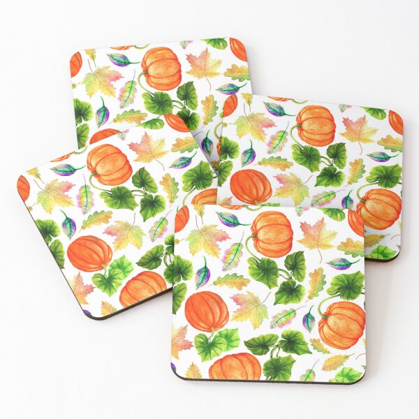 Item preview, Orange pumpkins, autumn leaves, white background. designed and sold by Natalya Alexandrou.