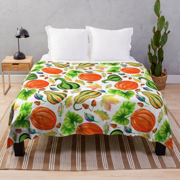 Item preview, Colourful pumpkins, autumn leaves, white background. designed and sold by Natalya Alexandrou.