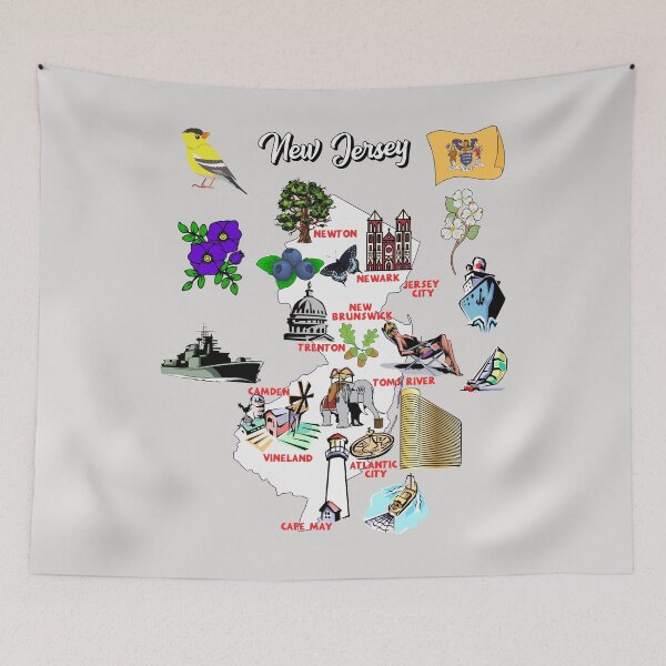Artikelvorschau, touristische Karte des Bundesstaates New Jersey, USA, Großstädte, Flagge, Sehenswürdigkeiten entworfen und verkauft von mashmosh.