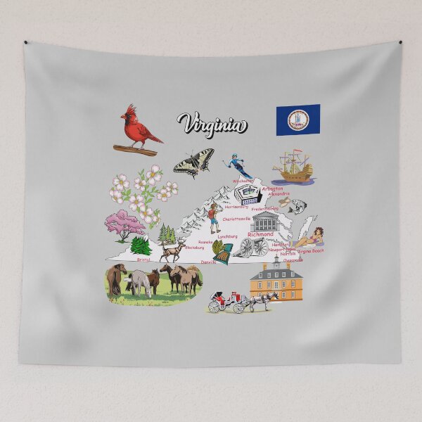 Item preview, tourist map of Virginia state, USA, major cities, flag, landmarks designed and sold by mashmosh.