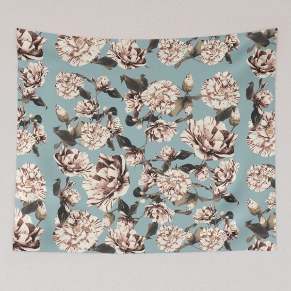 Item preview, Pastel Blue Sepia Vintage Japanese Stripy Peonies Design designed and sold by TrulyEpoque.