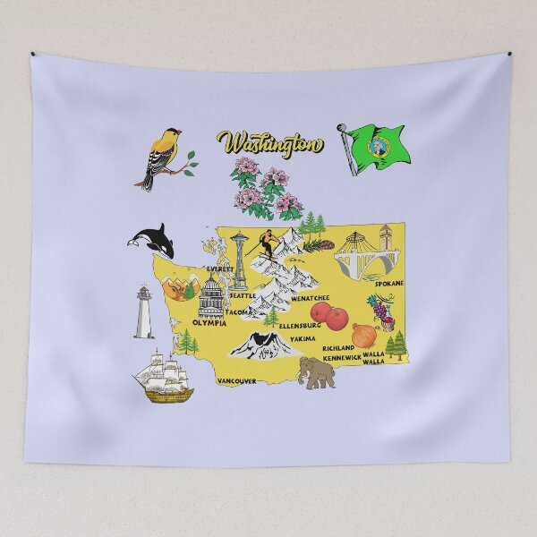 Item preview, Hand Drawn Illustration of Washington state Map with Tourist Destinations, USA designed and sold by mashmosh.