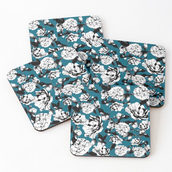 Item preview, Cyan Monochrome Vintage Japanese Peony Illustration Design designed and sold by TrulyEpoque.