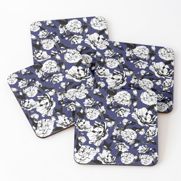 Item preview, Navy Blue Monochrome Vintage Japanese Peony Illustration Design designed and sold by TrulyEpoque.