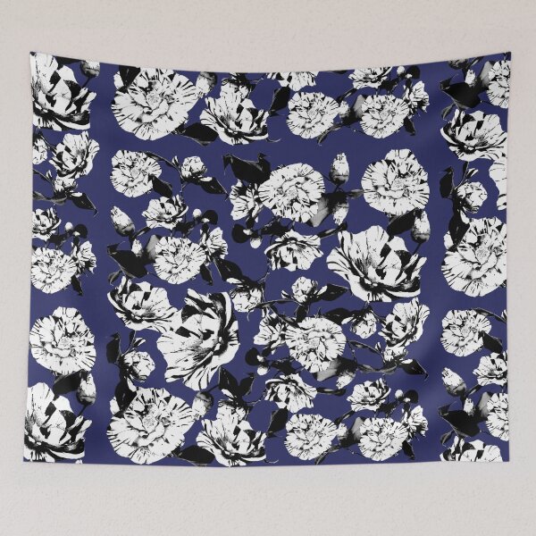 Item preview, Navy Blue Monochrome Vintage Japanese Peony Illustration Design designed and sold by TrulyEpoque.