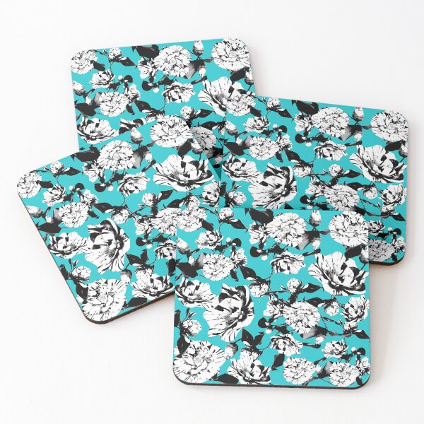 Item preview, Turquoise Monochrome Vintage Japanese Peony Illustration Design designed and sold by TrulyEpoque.