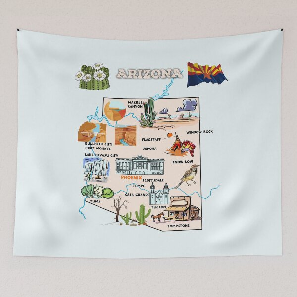 Item preview, Hand Drawn Illustration of Arizona state Map with Tourist Destinations, USA designed and sold by mashmosh.