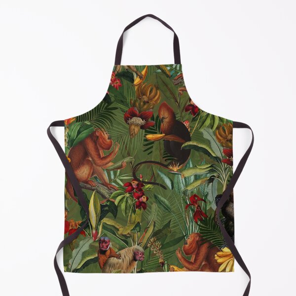 Tropical monkey jungle pattern - dark green Apron