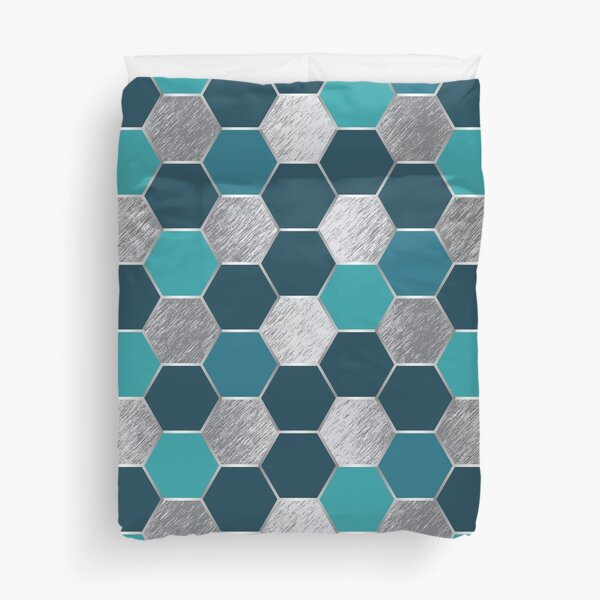 Metal Silver and Teal Geometric Hexagon Pattern Duvet Cover