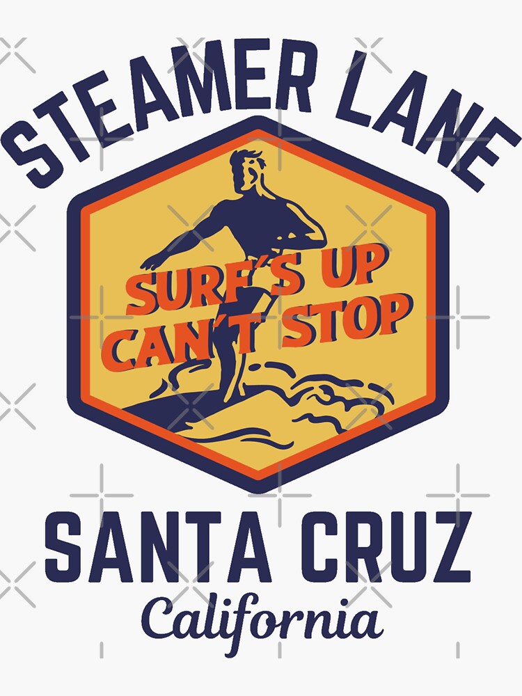 " Retro Steamer Lane, Santa Cruz, California, Navy Text Retro Beach