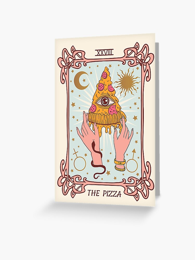 Carte de vœux for Sale avec l'œuvre « carte de tarot : la pizza avec oeil,  lune et soleil, Occulte, divination, » de l'artiste ShamanskaKate