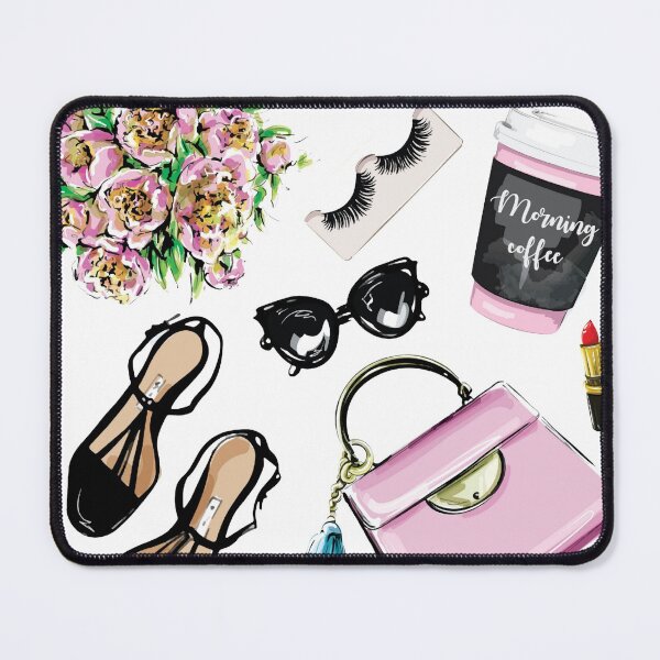 Artikelvorschau, Modekaffee und Blumen flach legen Illustration entworfen und verkauft von Dollfacedesign.