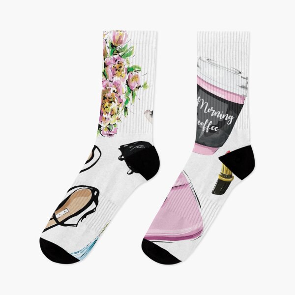 Artikelvorschau, Modekaffee und Blumen flach legen Illustration entworfen und verkauft von Dollfacedesign.