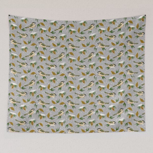 Item preview, Snowy pinecones and birds - grey designed and sold by Amilia Korre.