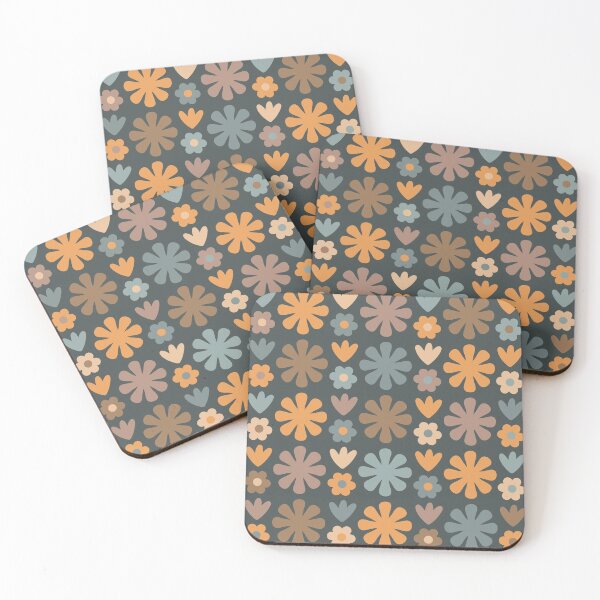 Item preview, Scandi Floral Grid Retro Flower Pattern Slate Blue Orange Brown designed and sold by kierkegaard.