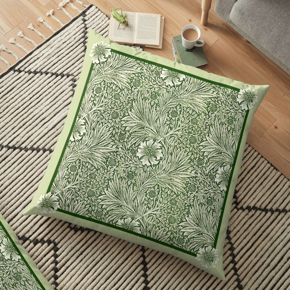 Green Marigolds flower pattern with border, (based on vintage art by William Morris) Floor Pillow