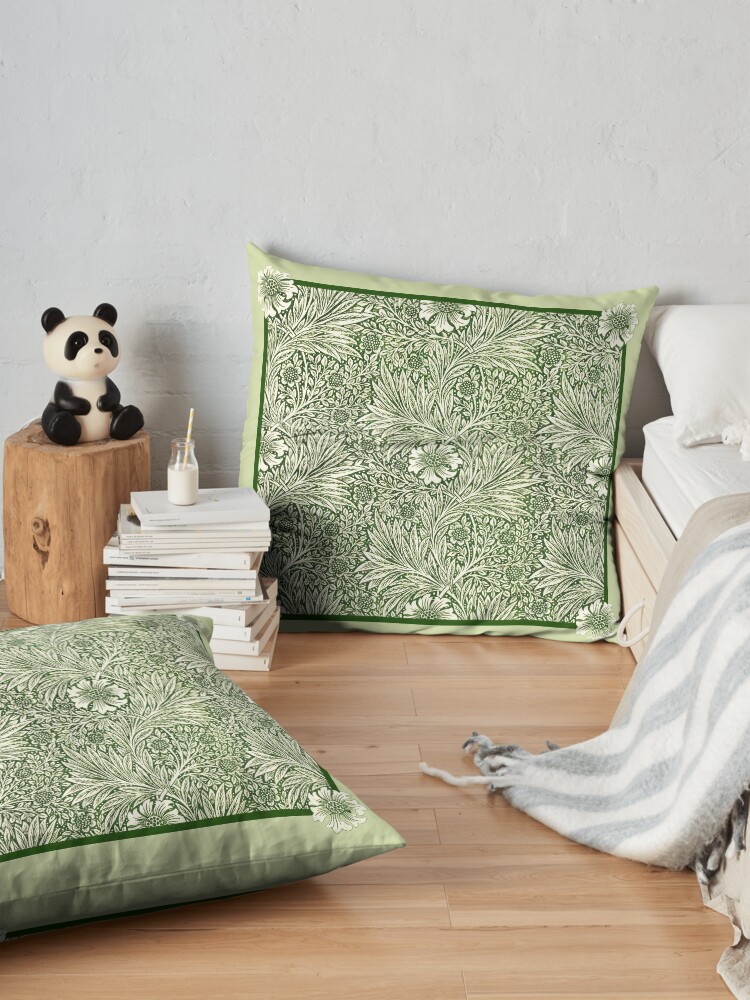 Alternate view of Green Marigolds flower pattern with border, (based on vintage art by William Morris) Floor Pillow