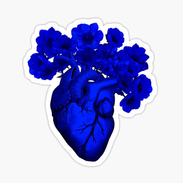 "Human heart color blue with crown flowers blood blue" Sticker by