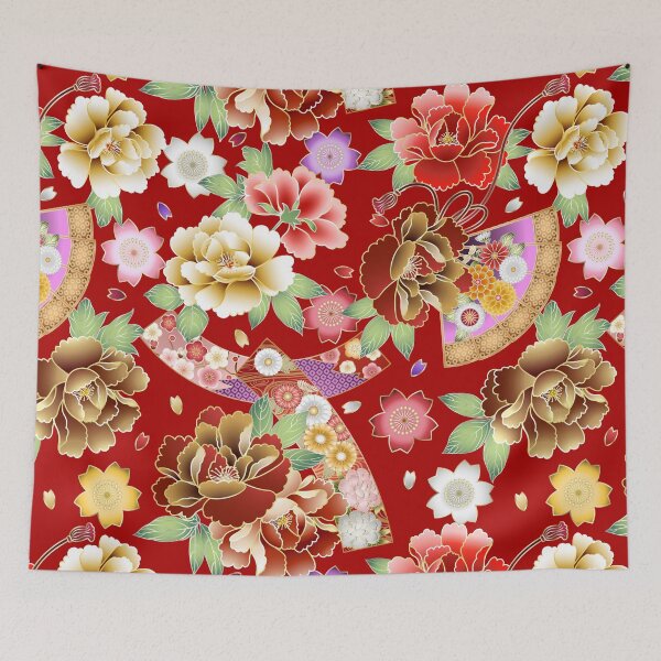 Item preview, Japanese Pattern WAGARA of Japanese Peonies and Japanese Folding Fans designed and sold by monodesigns.